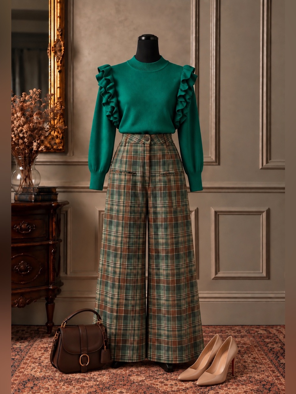 Halogen Mock Neck S Emerald Green Ruffled Sweater with Detachable Sleeves